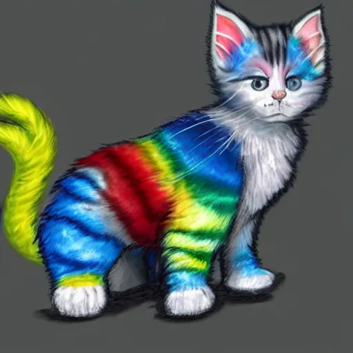 Image similar to wide angle full body, of a fluffy cute rainbow kitten wearing a black leather motorcycle jacket, concept art