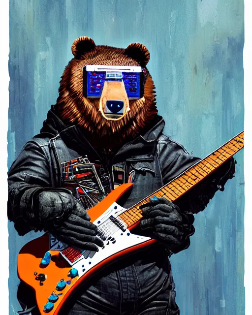 Image similar to a portrait of an anthropomorphic cyberpunk bear shredding an electric guitar by sandra chevrier, by jon foster, detailed render, tape deck, epic composition, cybernetics, 4 k realistic, cryengine, realistic shaded lighting, sharp focus, masterpiece, by enki bilal