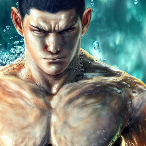 Image similar to photorealistic shockingly amazing portrait of guts from berserk submerged in water ,extremely detailed, made by wlop and maxwell boas