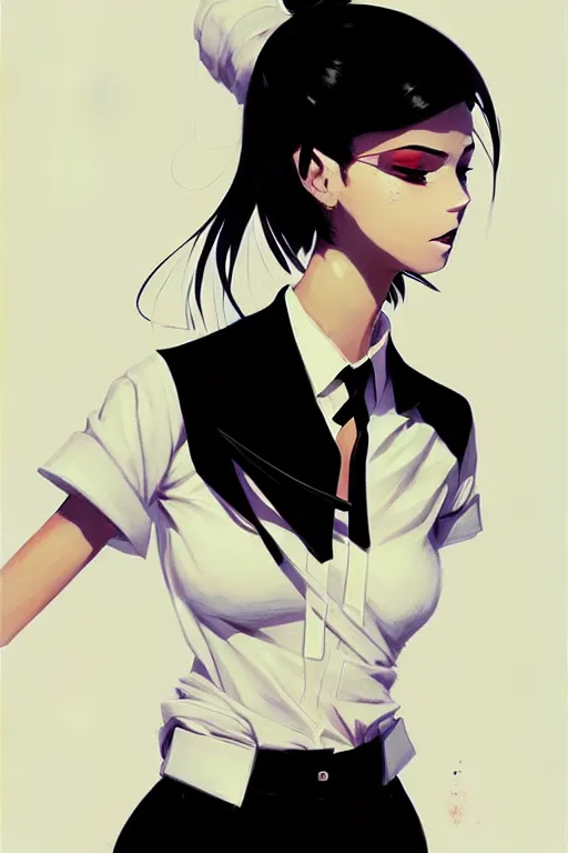 Image similar to a ultradetailed beautiful panting of a stylish woman, she is wearing a white shirt with a tie and black pants, by conrad roset, greg rutkowski and makoto shinkai trending on artstation