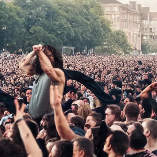 Prompt: Jesus in balaclava mask raving in a huge crowd