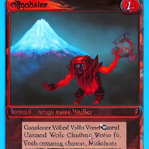 Image similar to a highly detailed red and black obsidian volcanic goblin, like magic the gathering, goblin chainwalker, with a volcano in the background ” w 7 6 8