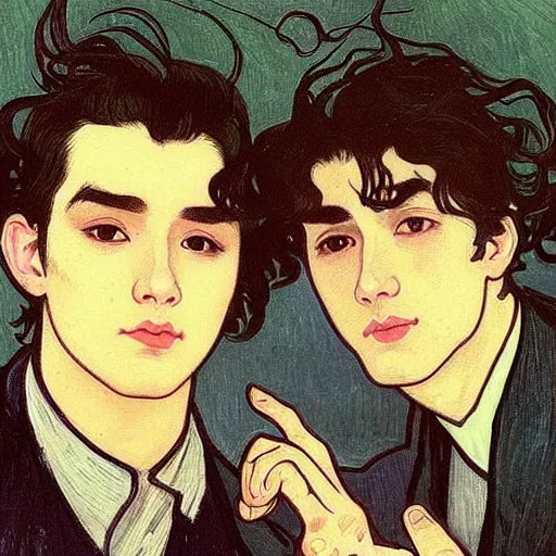 Image similar to painting of young cute handsome beautiful dark medium wavy hair man in his 2 0 s named shadow taehyung and cute handsome beautiful min - jun together at the halloween! party, bubbling cauldron!, candles!, smoke, autumn! colors, elegant, wearing suits!, clothes!, delicate facial features, art by alphonse mucha, vincent van gogh, egon schiele