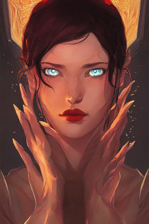 Image similar to portrait of lilith, perfectly symmetrical, tooth wu, dan mumford, beeple, wlop, rossdraws, james jean, marc simonetti, artstation giuseppe dangelico pino and michael garmash and rob rey and greg manchess and huang guangjian and makoto shinkai