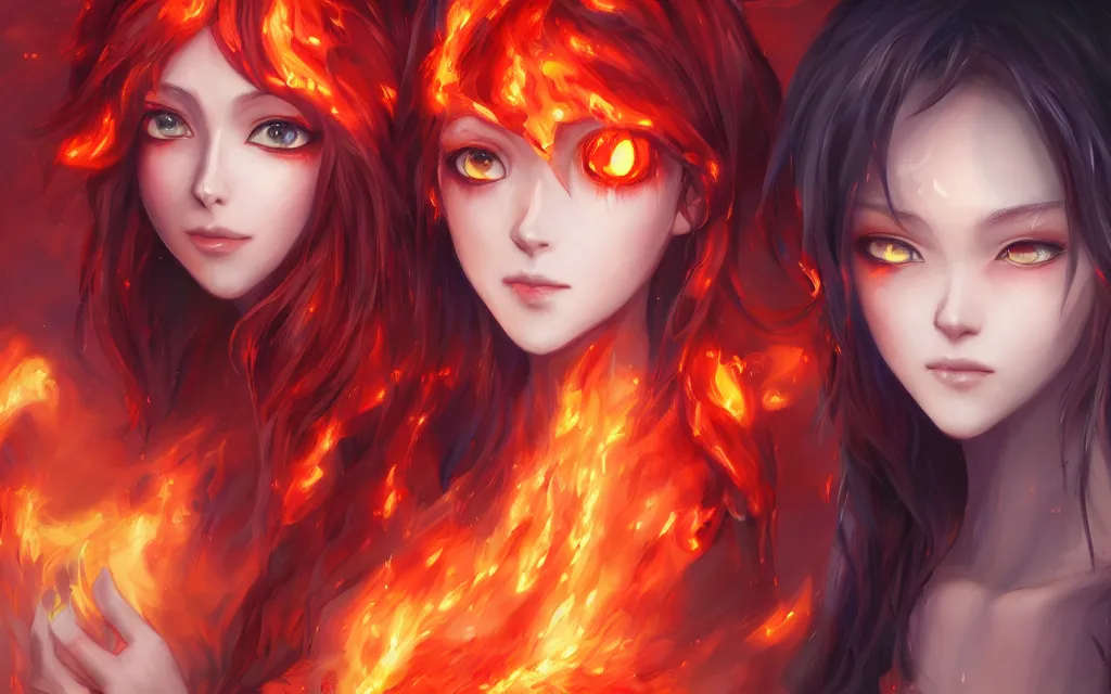 Image similar to A realistic anime portrait of a beautiful fire spirit twins with glowing red eyes and firey skin wearing clothes made of flames, digital painting, by Stanley Artgerm Lau, Sakimichan, WLOP and Rossdraws, digtial painting, trending on ArtStation, SFW version