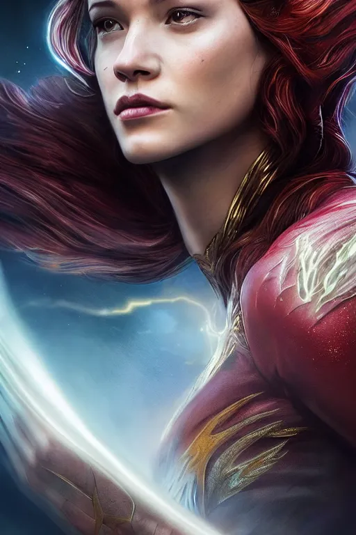 Image similar to Majestic and regal portrait of a female The Flash, DC universe, Perfect face, beautiful, intricate, epic, elegant, menacing, fantasy, highly detailed, digital painting, hard focus, beautiful volumetric lighting, epic light, ultra detailed, by Leesha Hannigan, Ross Tran, Thierry Doizon, Kai Carpenter, Ignacio Fernández Ríos