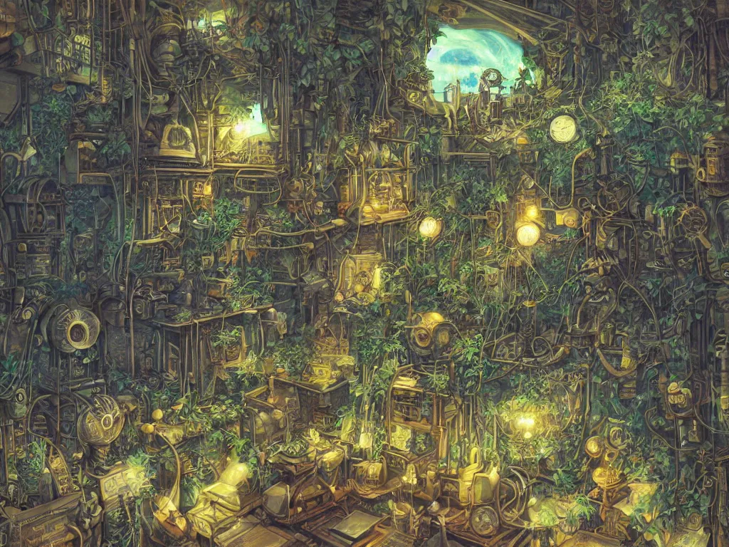 Prompt: Small desk at night with desklamp inside an enormous steampunk machine room with lush vegetation growing around the machines, tropical trees, large leaves, flowers, beautiful starry night sky through the windows, beatifully lit, vivid colors, hyper detailed painting, hyperrealism, vintage science fiction illustration, Studio Ghibli, Rebecca Guay