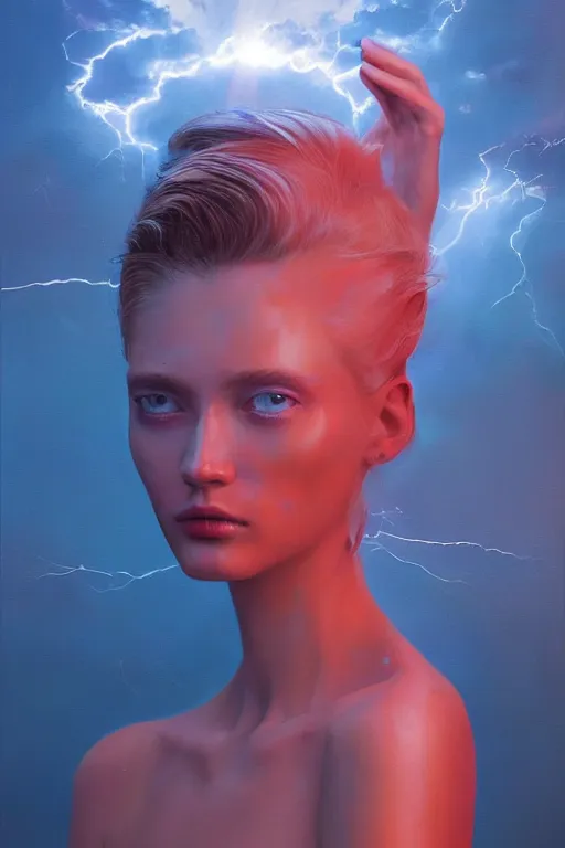 Prompt: 3 d, sci - fi, morning, sun rays, sleepy fashion model face, cinematic, lightning clouds, vogue cover style, stanley kubrick, light red and deep blue mood, realistic painting, intricate oil painting, high detail, figurative art, multiple exposure, poster art, 3 d, by tooth wu and wlop and beeple and greg rutkowski