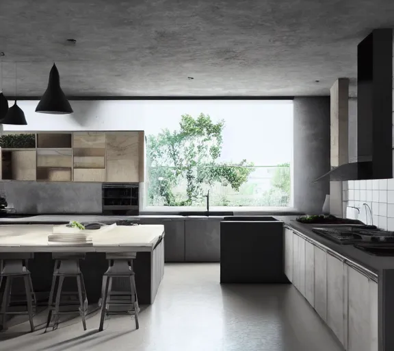 Image similar to brutalist black house kitchen with 2 islands interior design minimalist organic, organic architecture furniture open space high quality octane render blender 8 k