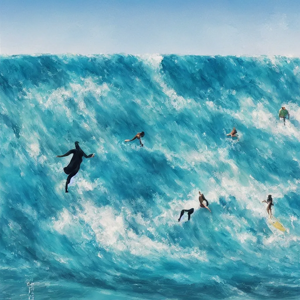 Image similar to “ a person is swimming and scared of getting crushed by a very big wave. a second person is surfing. digital art, cheerful, hawaii, blue sky ”