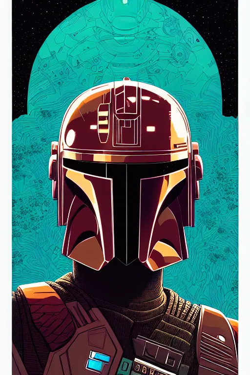 Image similar to closeup potrait of the mandalorian, intricate, volumetric lighting, moebius, geof darrow, frank miller, dan mumford, detailed illustration, digital art, victo ngai, kilian eng, vector art