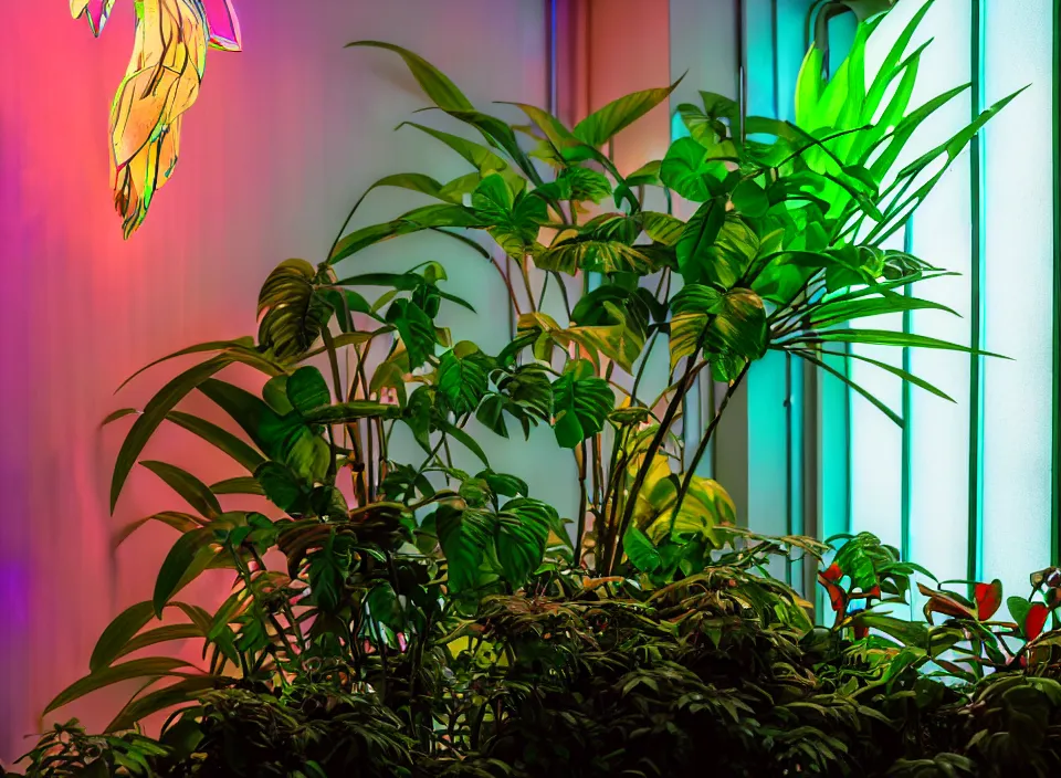 Prompt: telephoto 7 0 mm f / 2. 8 iso 2 0 0 photograph depicting a single iridescent jungle plant in a cosy cluttered french sci - fi ( art nouveau ) cyberpunk apartment in a pastel dreamstate art cinema style. ( aquarium, computer screens, window ( city ), leds, lamp, ( ( ( aquarium bed ) ) ) ), ambient light.