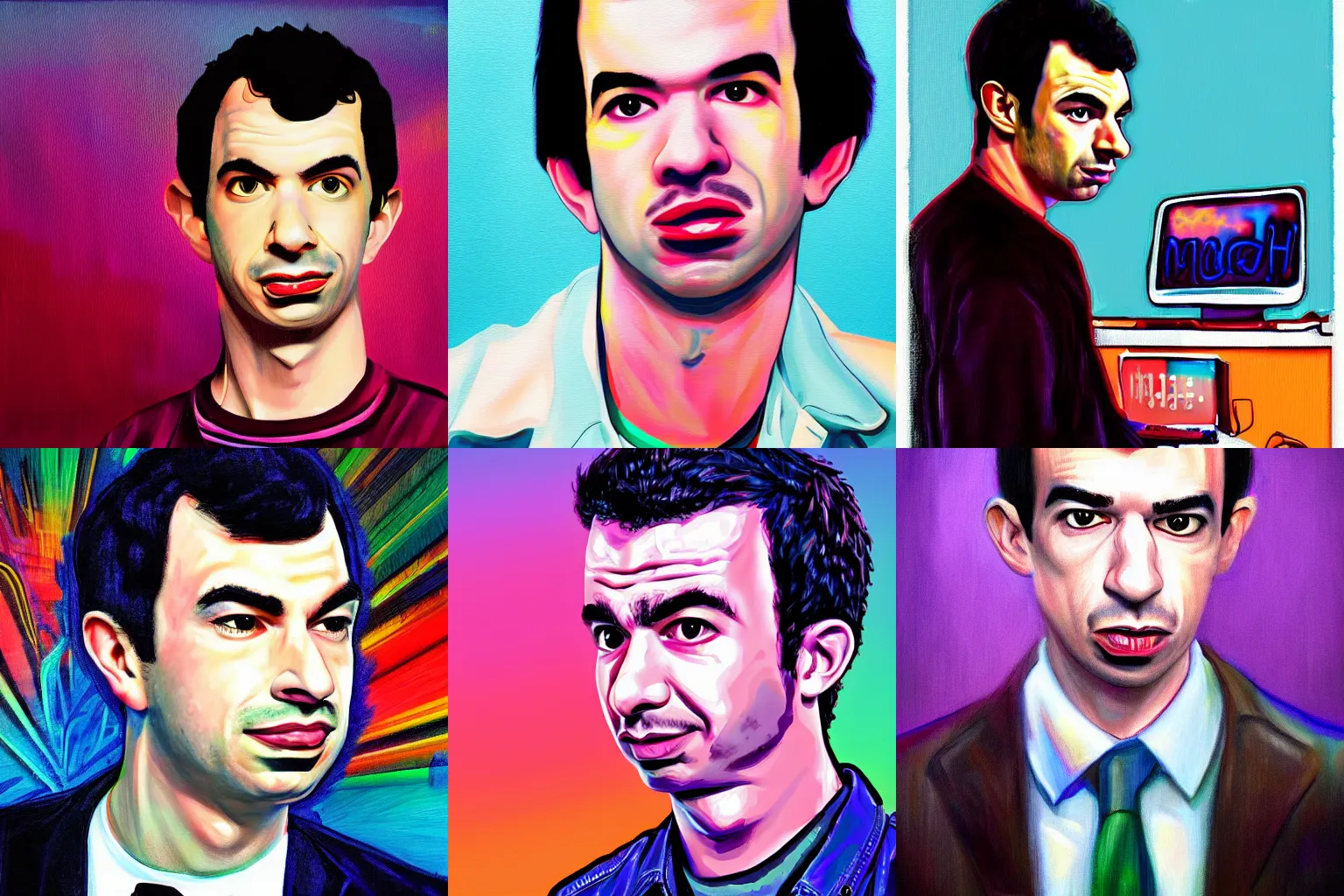 Prompt: high quality portrait of nathan fielder painted by mad dog jones, synthwave style