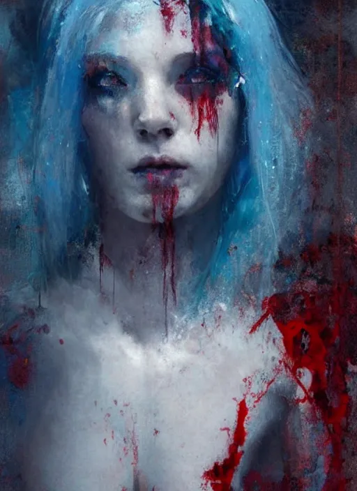 Image similar to painting of a beautiful goddess with blue hair, unclothed, soaked in blood, her beating heart exposed, she stares directly at the viewer, by Jeremy Mann, stylized, detailed, realistic, grim, dark tones, intimate, loose brush strokes