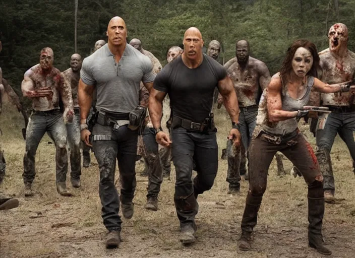 Image similar to film still of dwayne the rock johnson surrounded by zombies in the new walking dead tv series, 4 k