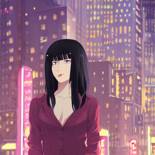 Image similar to a portrait of a beautiful girl with long black hair and bangs, wearing 1940's fashion, she has dark brown eyes and pale skin, she is facing towards the camera, city at nightime background, low-key neon lighting, 4k, HQ, official media, anime key visual, makoto shinkai, ilya kuvshinov, lois van baarle, rossdraws, detailed, trending on artstation