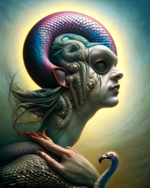 Image similar to a detailed portrait of dreampunk flamingo python hybrid mix by tomasz alen kopera and peter mohrbacher