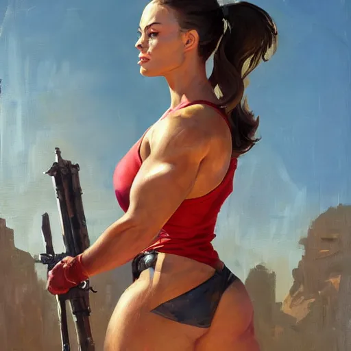 Image similar to greg manchess portrait of margot robbie as thick female bodybuilder lara croft wearing red armour in disco elysium, epic grimdark, fantasy, medium shot, asymmetrical, profile picture, organic painting, sunny day, matte painting, bold shapes, hard edges, street art, trending on artstation, by huang guangjian and gil elvgren and sachin teng