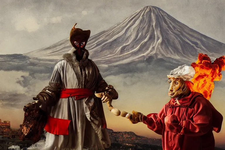 Image similar to a highly detailed pulcinella!!! from naples with pizza!! in the foreground, volcano in the background with smoke, blazing fire and glowing lava, full body, wide angle, an ultrafine detailed painting by rivorio mok, post - apocalyptic vibe, trending on deviantart, whimsical, lowbrow, coherent, sharp focus, octane, masterpiece