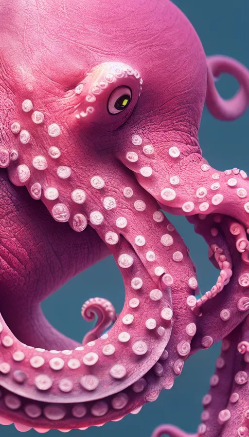 Prompt: A octopus centered-photograph of a pink elephant, film still, dynamic action pose, National Geographic, insane detail, intricate, highly detailed, Zeiss Lens, DSLR photography, smooth, sharp focus, Unreal Engine 5, Octane Render, Redshift, 8K