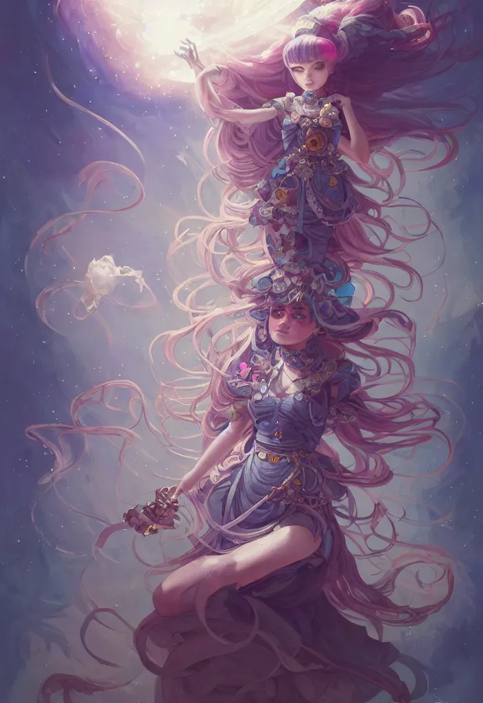 Image similar to full body picture of an maximalist dress magical girl, neat hair with bangs, smug face, extremely beautiful and aesthetic and detailed cute face and eyes, wipe out evils with cute astronaut familiar sprites, aming the magical beams to the camera, chiaroscuro, intricate, masterpiece, epic fantasy illustrations by peter mohrbacher and anato finnstark and jeremy lipking