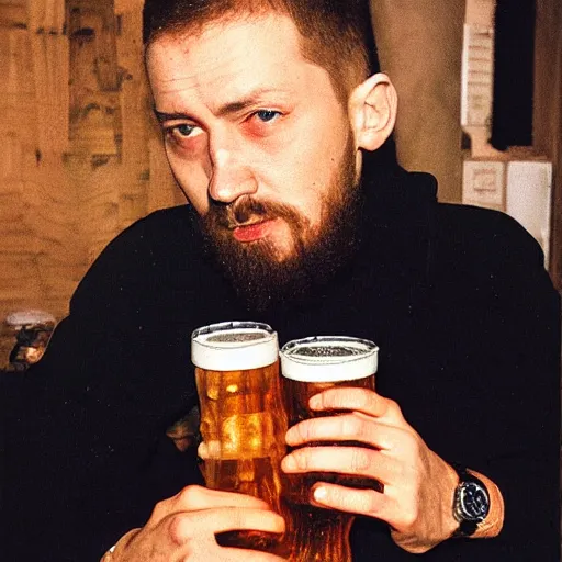 Image similar to egor letov drinking beer, high quality photo