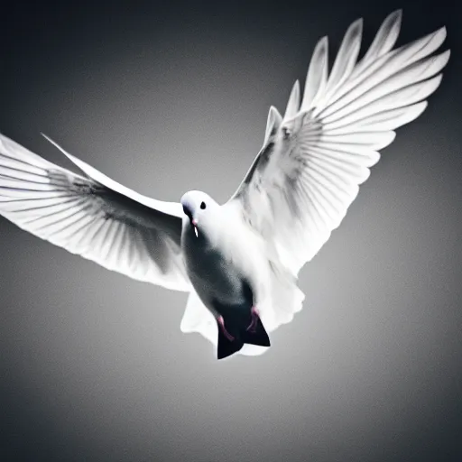 Image similar to a realistic photo of a white dove flying towards the camera, solid black background, high contrast, 8k, film grain, highly detailed, professional photography