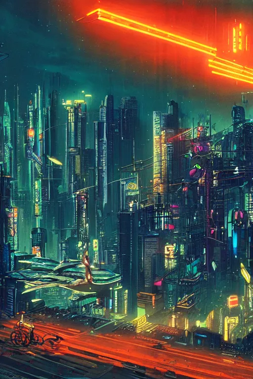 Prompt: cyberpunk city with a flight vehicle glowing in the sky, neon sign, cinematic composition, wide shot, bladerunner, by moebius