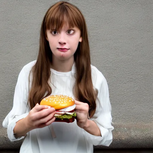 Prompt: a girl eating a burger. Still from weathering with you.