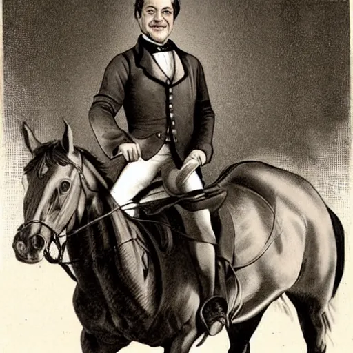 Prompt: Matteo Renzi riding a horse which has the face of Mario Draghi, in a 19th century caricature, black and white