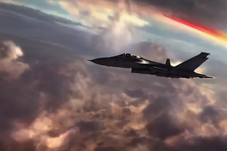 Image similar to a cinematic painting of a fighter jet, hitting sonic boom, beautiful lighting, high depth, ultra realistic, artistic, by zack snyder