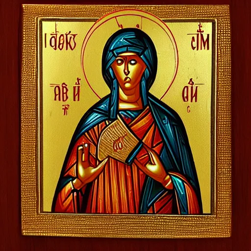 Image similar to an orthodox christian icon of a girl saint with a computer!