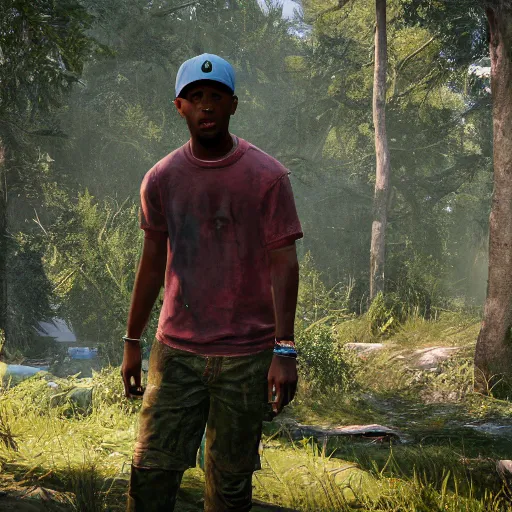 Image similar to high quality 8k screenshot of tyler the creator in The Last Of Us, 8k full body model, detailed rusty texture