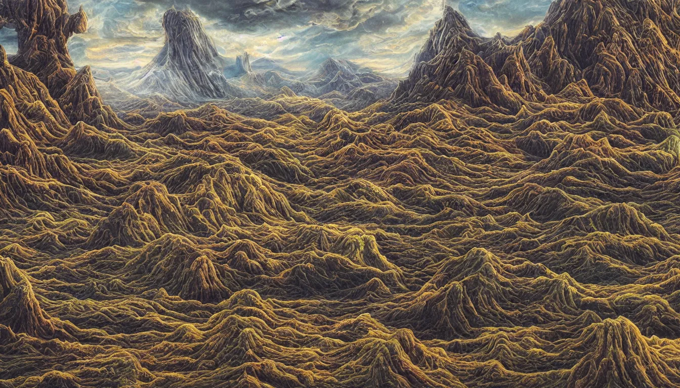 Image similar to highly detailed painting of an alien landscape, surreal