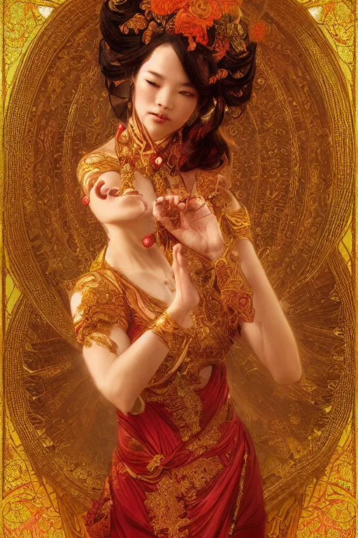 Image similar to tarot card artstation, portrait of an asian love dancer, sunrise, baroque ornamnet and rococo ornament, ancient chinese ornate, hyperdetailed, beautiful lighting, craig mullins, mucha, klimt, yoshitaka amano, red and gold and orange color palatte