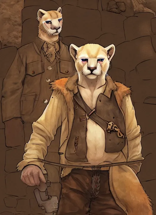 Prompt: fursona character portrait of a man with an albino mountain lion's head wearing miner's clothes at the mines. hidari, color page, tankoban, 4K, tone mapping, Akihiko Yoshida.