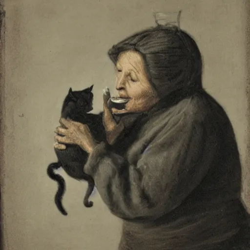 Image similar to an old woman swallowing a cat