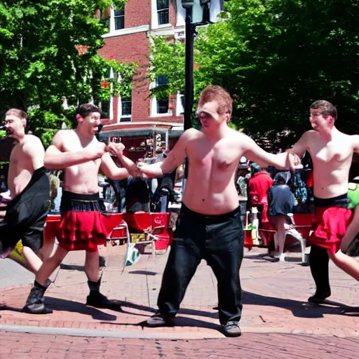 Prompt: guys doing the harvard rub in harvard square,