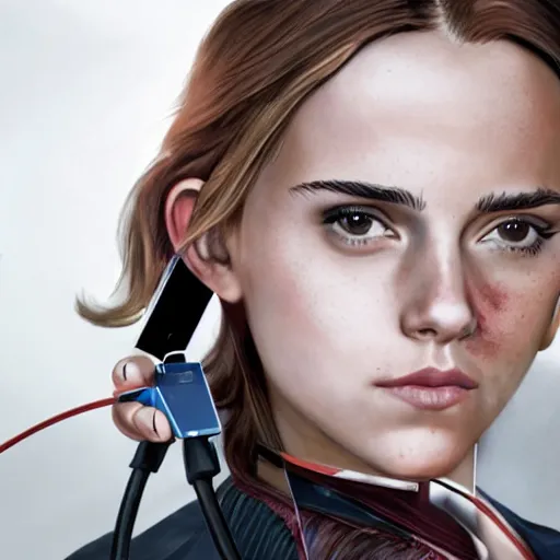 Prompt: a girl who is a mix of emma watson and scarlett johansson and nathalie portman, using a device to connect herself to a computer through an usb cable and a port in her arm, cables, it, very detailled, by david rutkowski and artgem