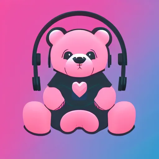 Image similar to iconic vector logo of cute cuddly pink bear with a podcast microphone, melodic, headphones, music, streaming, dreamy, isometric, adorable, octane render, golden ratio, 4k UHD, iconic design