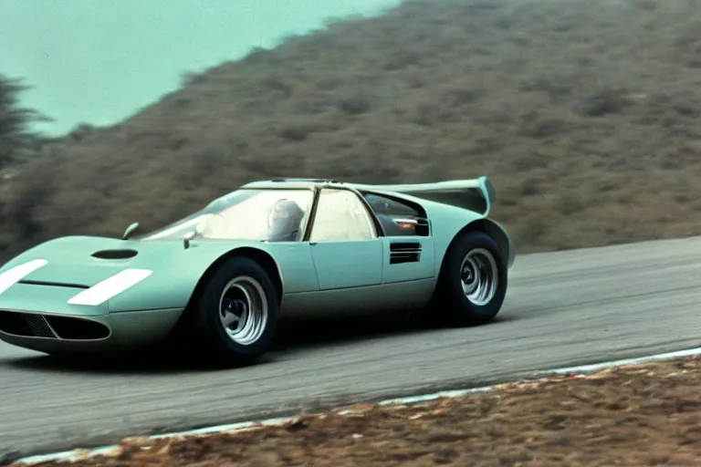 Image similar to vintage archival race footage of a single 1965 BMW M1, with elements of the De Tomaso Pantera F40, Lotus, GT40 and Countach, movie still, speed, cinematic Eastman 5384 film