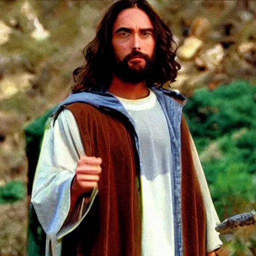 Image similar to jesus christ in a 1 9 9 0 s mountain dew commercial, movie still