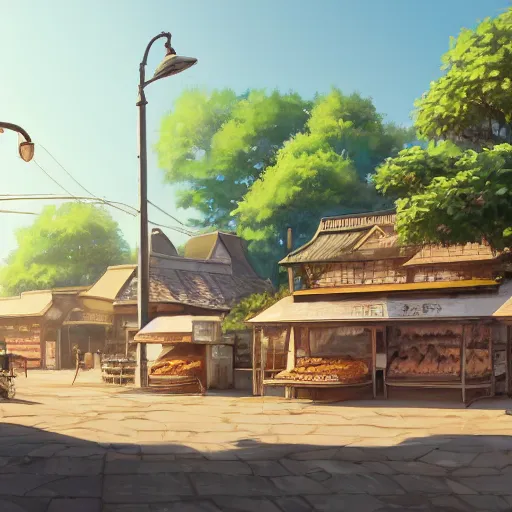 Image similar to concept art painting of a bakery with european and japanese architecture, in a village surrounded by trees, realistic, detailed, cel shaded, in the style of makoto shinkai and greg rutkowski and james gurney