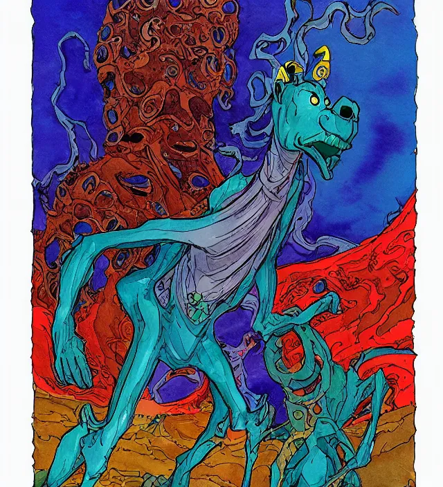 Image similar to a watercolor ink painting of scooby - doo as the primordial eldritch god of natural - disasters in the style of jean giraud in the style of moebius trending on artstation deviantart pinterest detailed realistic hd 8 k high resolution