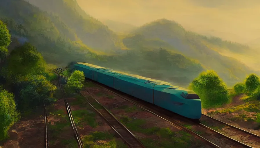 Prompt: aerodynamic train driving through valley, green hills, matte painting, artstation, sunrise, blue sky