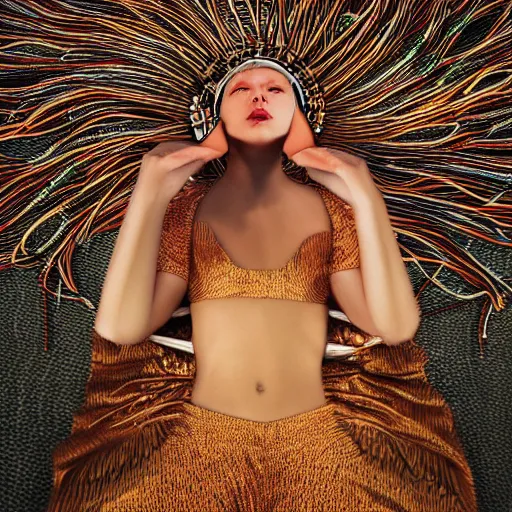 Image similar to tapping in to something greater, piles of modular synth cables, goddess laying down wearing a big headpiece made of circuit boards in a photo shoot for balenziaga, wlop, stanley kubrick, masamune, unique perspective, eastman color, perfect details, trending on artstation, 3 d render, smooth render, wlop