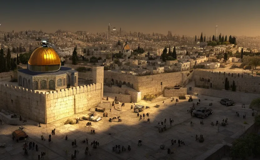 Prompt: a beautiful photo of jerusalem, hyper realistic, natural light, concept art, cozy atmospheric and cinematic lighting