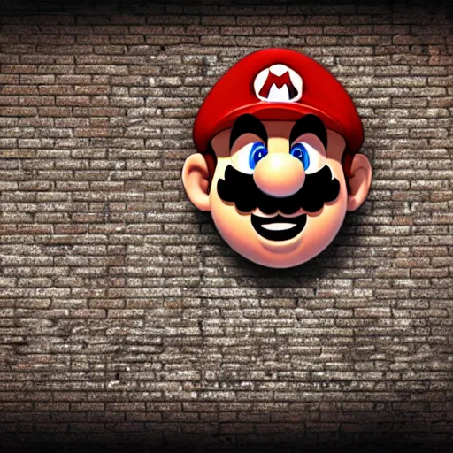 Image similar to super mario peeking behind a brick wall, gritty, dark, scary