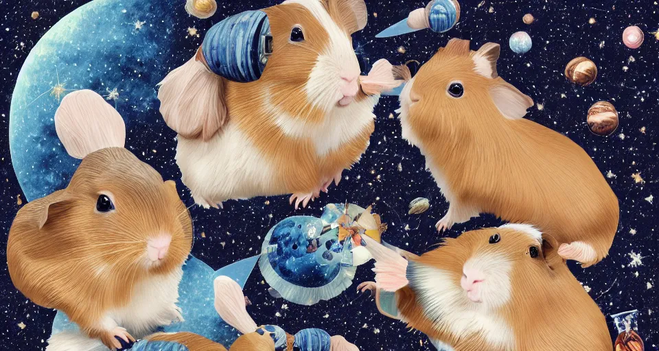 Prompt: realistic guineapigs's portrait on the cover of vogue magazine flying in space suits, deep dark universe, twinkling and spiral nubela, warmhole, beautiful stars, 4 k, 8 k, by hokusai, samurai man vagabond, detailed, editorial illustration, matte print, concept art, ink style, sketch, digital 2 d