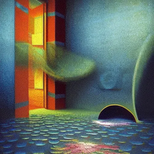 Image similar to colourful scene from a dream. digital artwork by vincent bons, michael whelan, remedios varo and gerardo dottori. grainy and rough. interesting pastel colour palette. beautiful light. oil and water colour based on high quality render.